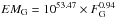 Mathematical equation: \hbox{$EM_\mathrm{G}=10^{53.47} \times F_\mathrm{G}^{0.94}$}