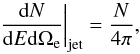 Mathematical equation: \begin{equation} \left.\frac{{\rm d}N}{{\rm d}E {\rm d}\Omega_{\rm e}}\right|_{\rm jet} = \frac{N}{4\pi}, \label{eq:electron_distribution} \end{equation}