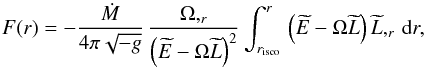 Mathematical equation: \begin{equation} F(r) = - \frac{\dot{M}}{4\pi \sqrt{-g}}\,\frac{\Omega,_{r}}{\left(\widetilde{E}-\Omega\widetilde{L}\right)^{2}} \int^{r}_{r_{{\rm isco}}} \, \left(\widetilde{E}-\Omega\widetilde{L}\right) \widetilde{L},_{r} \,{\rm d}r, \label{eq:flux_relativistic_disk} \end{equation}