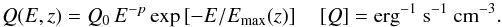 Mathematical equation: \begin{equation} Q(E,z) = Q_0\, E^{-p} \exp\left[-E/E_{\rm max}(z)\right] \quad [Q] = \rm{erg}^{-1} ~\rm{s}^{-1}~ \rm{cm}^{-3}. \label{eq:injection_rel_particles} \end{equation}