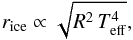 Mathematical equation: \begin{equation} \label{eq:r_ice} r_{\rm ice} \propto \sqrt{ R^2 \, T_{\rm eff}^4 } , \end{equation}