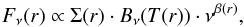 Mathematical equation: \begin{equation} F_{\nu}(r) \propto \Sigma(r) \cdot B_\nu(T(r)) \cdot \nu^{\beta (r)}, \label{eq:flux} \end{equation}