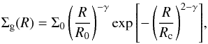 Mathematical equation: \begin{equation} \label{eq:sigma.parametrization} \Sigma_{\mathrm{g}}(R) = \Sigma_{0}\left(\frac{R}{R_{0}} \right)^{-\gamma} \exp{\left[-\left(\frac{R}{R_{\mathrm{c}}} \right)^{2-\gamma} \right]}, \end{equation}