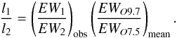 Mathematical equation: \begin{eqnarray*} \frac{l_{1}}{l_{2}}=\left(\frac{EW_{1}}{EW_{2}}\right)_{\rm obs}\left(\frac{EW_{O9.7}}{EW_{O7.5}}\right)_{\rm mean}. \end{eqnarray*}