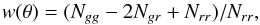Mathematical equation: \begin{equation} w(\theta)=(N_{gg} - 2N_{gr} + N_{rr})/N_{rr} , \end{equation}