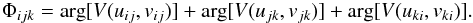 Mathematical equation: \begin{eqnarray} \label{eq:closure_phase} \Phi_{ijk}=\arg[V(u_{ij},v_{ij})]+\arg[V(u_{jk},v_{jk})]+\arg[V(u_{ki},v_{ki})]. \end{eqnarray}