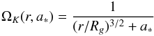 Mathematical equation: \begin{eqnarray} \Omega_{K} (r,a_*)= \frac{1}{(r/R_g)^{3/2}+a_*} \end{eqnarray}