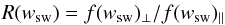 Mathematical equation: \begin{eqnarray} \label{eq:r} R(w_{\rm sw})=f(w_{\rm sw})_{\perp}/f(w_{\rm sw})_{\parallel} \end{eqnarray}