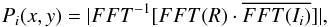 Mathematical equation: \begin{equation} \label{eq:tip_tilt} P_i(x,y)=|FFT^{-1}[FFT(R)\cdot\overline{FFT(I_i)}]|, \end{equation}