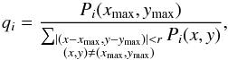 Mathematical equation: \begin{equation} \label{eq:image_quality} q_i = \frac{P_i(x_{\text{max}},y_{\text{max}})}{\sum_{\substack{\left|(x-x_{\text{max}},y-y_{\text{max}})\right| < r \\ (x,y)\neq(x_{\text{max}},y_{\text{max}})}} P_i(x,y)}, \end{equation}