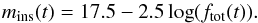 Mathematical equation: \begin{equation} \label{eq:inst_mag} m_{\mathrm{ins}}(t)=17.5-2.5\log(f_{\mathrm{tot}}(t)). \end{equation}