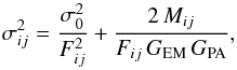 Mathematical equation: \begin{equation} \label{variance_emccd} \sigma_{ij}^2=\frac{\sigma_0^2}{F_{ij}^2}+\frac{2\,M_{ij}}{F_{ij}\,G_{\mathrm{EM}}\,G_{\mathrm{PA}}}, \end{equation}