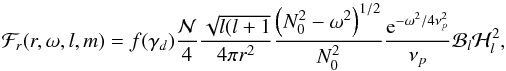 Mathematical equation: \begin{equation} \mathcal{F}_r(r,\omega,l,m)=f(\gamma_d) \frac{\mathcal{N}}{4} \frac{\sqrt{l(l+1}}{4 \pi r^2}\frac{\left(N_0^2-\omega^2\right)^{1/2}}{N_0^2} \frac{{\rm e}^{-\omega^2/4 \nu_{p}^2}}{\nu_{p}} \mathcal{B}_l \mathcal{H}_l^2 , \label{spectral wave energy flux} \end{equation}
