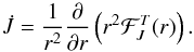 Mathematical equation: \begin{equation} \dot{J}=\frac{1}{r^2} \frac{\partial}{\partial r} \left( r^2 \mathcal{F}_J^T(r) \right) . \end{equation}