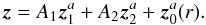 Mathematical equation: \appendix \setcounter{section}{2} \begin{equation} \vec{z}=A_1\vec{z}_1^a+A_2\vec{z}_2^a+\vec{z}_0^a(r) . \end{equation}