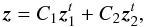 Mathematical equation: \appendix \setcounter{section}{2} \begin{equation} \vec{z}=C_1\vec{z}_1^t+C_2\vec{z}_2^t , \end{equation}