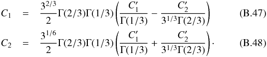 Mathematical equation: \appendix \setcounter{section}{2} \begin{eqnarray} C_1&=&\frac{3^{2/3}}{2} \Gamma(2/3)\Gamma(1/3)\left( \frac{C_1^\prime}{\Gamma(1/3)}-\frac{C_2^\prime}{3^{1/3}\Gamma(2/3)}\right) \label{C_1}\\ C_2&=&\frac{3^{1/6}}{2} \Gamma(2/3)\Gamma(1/3)\left( \frac{C_1^\prime}{\Gamma(1/3)}+\frac{C_2^\prime}{3^{1/3}\Gamma(2/3)}\right)\cdot \label{C_2} \end{eqnarray}