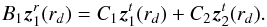 Mathematical equation: \appendix \setcounter{section}{2} \begin{equation} B_1 \vec{z}_1^r(r_d)=C_1\vec{z}_1^t(r_d)+C_2\vec{z}_2^t(r_d) . \label{continuity r_d} \end{equation}