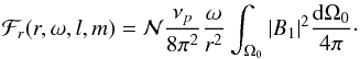 Mathematical equation: \appendix \setcounter{section}{2} \begin{eqnarray} \mathcal{F}_r(r,\omega,l,m)=\mathcal{N} \frac{\nu_{p}}{8 \pi^2}\frac{\omega}{r^2}\int_{\Omega_0} |B_1|^2\frac{\mathrm{d}\Omega_0}{4\pi} \cdot \label{wave flux general} \end{eqnarray}