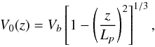 Mathematical equation: \begin{equation} V_0(z)=V_b\left[1-\left(\frac{z}{L_{p}}\right)^2\right]^{1/3} , \label{vitesse panache penetration} \end{equation}