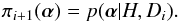 Mathematical equation: \begin{eqnarray} \pi_{i+1}(\vec{\alpha}) = p(\vec{\alpha}|H,D_{i}). \end{eqnarray}