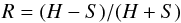 Mathematical equation: \begin{equation} \label{hardness_eq} R = (H-S)/(H+S) \end{equation}