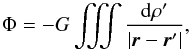 Mathematical equation: \begin{equation} \Phi = -G \iiint\frac{{\rm d}\rho'}{|\vec{r}-\vec{r}'|}, \label{eq:pot} \end{equation}