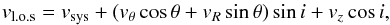Mathematical equation: \begin{equation} v_{\rm l.o.s} = v_{\rm sys} + (v_\theta \cos\theta + v_R\sin\theta) \sin i + v_z \cos i \label{eq:vtanvradvf} , \end{equation}