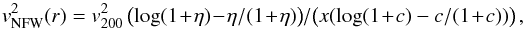 Mathematical equation: \begin{equation} v^2_{\rm NFW}(r) = v_{200}^2 \left(\log(1\!+\!\eta)\!-\!\eta/(1\!+\!\eta)\right)\!/\!\left(x(\log(1\!+\!c)-c/(1\!+\!c))\right) \label{eq:vnfw} , \end{equation}
