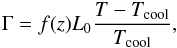 Mathematical equation: \begin{eqnarray} \Gamma = f(z) L_0 \frac{T-T_{\rm cool}}{T_{\rm cool}}, \end{eqnarray}
