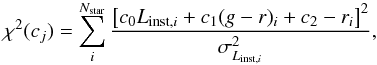 Mathematical equation: \begin{eqnarray} \label{eq:chi} \chi^2(c_j)=\sum_i^{N_{\rm star}} \frac{\left[c_0L_{{\rm inst},i}+c_1(g-r)_i+c_2-r_i\right]^2}{\sigma^2_{L_{{\rm inst},i}}}, \end{eqnarray}