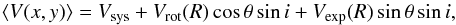 Mathematical equation: \begin{equation} \langle V(x,y)\rangle = V_{\rm sys} + V_{\rm rot}(R)\cos\theta\sin i+ V_{\rm exp}(R)\sin\theta\sin i, \label{eqn:model} \end{equation}