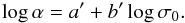 Mathematical equation: \begin{equation} \log\alpha = a'+b'\log\sigma_0. \end{equation}