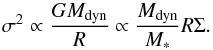 Mathematical equation: \begin{equation} \sigma^2\propto\frac{GM_{\rm dyn}}{R}\propto \frac{M_{\rm dyn}}{M_*}R\Sigma. \label{equa:star} \end{equation}