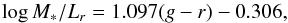 Mathematical equation: \begin{equation} \log M_*/L_r=1.097(g-r)-0.306, \end{equation}