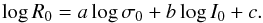 Mathematical equation: \begin{equation} \log R_0=a\log\sigma_0+b\log I_0+c. \end{equation}