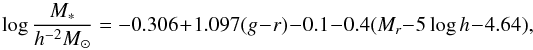 Mathematical equation: \begin{equation} \log \frac{M_*}{h^{-2}M_\odot}=-0.306+1.097(g-r)-0.1-0.4(M_r-5\log h-4.64), \end{equation}