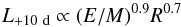 Mathematical equation: \begin{equation} L_{+10~{\rm d}}\propto (E/M)^{0.9} R^{0.7} \label{eq:earlylum} \end{equation}