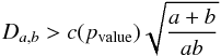 Mathematical equation: \appendix \setcounter{section}{5} \begin{equation} D_{a,b} > c(p_\mathrm{value}) \sqrt{\frac{a+b}{ab}}\label{kse2} \end{equation}