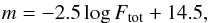 Mathematical equation: \appendix \setcounter{section}{1} \begin{eqnarray*} m = -\mbox{2.5}\log F_{\rm tot} + \mbox{14.5}, \end{eqnarray*}