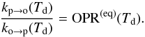 Mathematical equation: \begin{equation} \frac{k_{\mathrm{p}\rightarrow\mathrm{o}}(T_{\mathrm{d}})}{k_{\mathrm{o}\rightarrow\mathrm{p}}(T_{\mathrm{d}})}={\rm OPR}^{(\mathrm{eq})}(T_{\mathrm{d}})\label{eq:OPR_grain} . \end{equation}