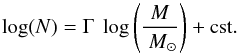 Mathematical equation: \begin{equation} \log({N})=\Gamma~\log\left(\frac{M}{~M_{\odot}}\right)+\rm cst. \label{eq:mf} \end{equation}