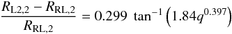 Mathematical equation: \begin{eqnarray} \frac{R_{\mathrm{L2},2}-R_{\mathrm{RL},2}}{R_\mathrm{RL,2}}=0.299\;\tan^{-1}\left(1.84q^{0.397}\right) \end{eqnarray}