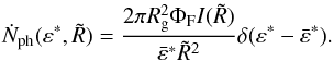 Mathematical equation: \begin{eqnarray} \dot{N}_{\rm{ph}}(\varepsilon^*,\tilde{R})=\frac{ 2\pi R_{\rm g}^2\Phi_{\rm F} I(\tilde{R})}{\bar{\varepsilon}^*\tilde{R}^2} \delta(\varepsilon^*-\bar{\varepsilon}^*). \label{NphSSDfin} \end{eqnarray}
