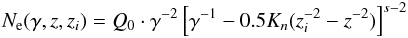Mathematical equation: \begin{eqnarray} N_{\rm e}(\gamma,z,z_i)=Q_0 \cdot \gamma^{-2} \left[\gamma^{-1}-0.5K_n(z_i^{-2}-z^{-2})\right]^{s-2} \label{cooled_inj_espec} \end{eqnarray}