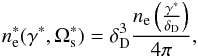Mathematical equation: \begin{eqnarray} n_{\rm e}^*(\gamma^*,\Omega_{\rm s}^*)=\delta_{\rm D}^3 \frac{n_{\rm e}\left(\frac{\gamma^*}{\delta_{\rm D}}\right)}{4 \pi}, \label{Netransform} \end{eqnarray}