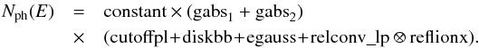 Mathematical equation: \begin{eqnarray} N_\mathrm{ph}(E)&=& \mathrm{constant}\times(\mathrm{gabs}_{1}+\mathrm{gabs}_{2}) \nonumber\\ &\times& (\mathrm{cutoffpl}\!+\!\mathrm{diskbb}\!+\!\mathrm{egauss}\!+\!\mathrm{relconv\_lp}\otimes \mathrm{reflionx}). \end{eqnarray}