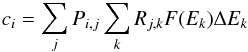 Mathematical equation: \appendix \setcounter{section}{1} \begin{eqnarray} \label{eq:rmf} c_i = \sum_j P_{i,j} \sum_k R_{j,k} F(E_k) \Delta E_k \end{eqnarray}