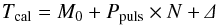 Mathematical equation: \begin{equation} T_{\rm cal} = M_{0} + P_{\rm puls}\times N + \mathnormal{\Delta} \label{eq:liteEphLin} \end{equation}