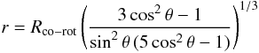 Mathematical equation: $$ r = R_{\rm co-rot}\left( \frac{3\cos^2\theta-1}{\sin^2\theta\,(5\cos^2\theta-1)} \right)^{1/3} $$